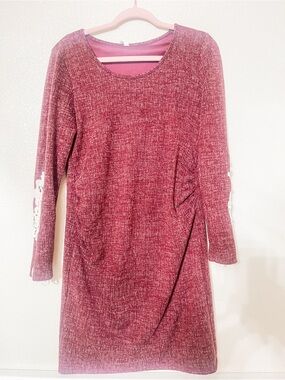 Maternity Marled Wine Knit Long Sleeve Sweater Dress with Lace Trim